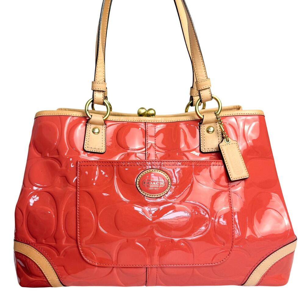 Coach Peyton F23722 Papaya Coral Red Patent Leather Kisslock Framed Shopper Tote